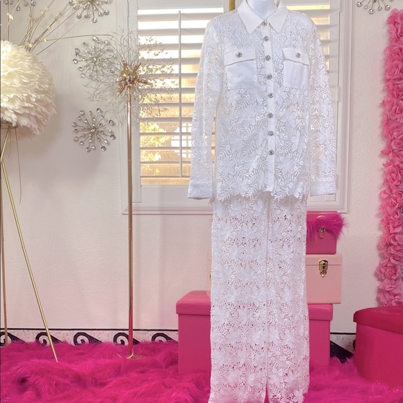 Luxe White Eyelet Lace 2-Piece Set with Crystal Buttons